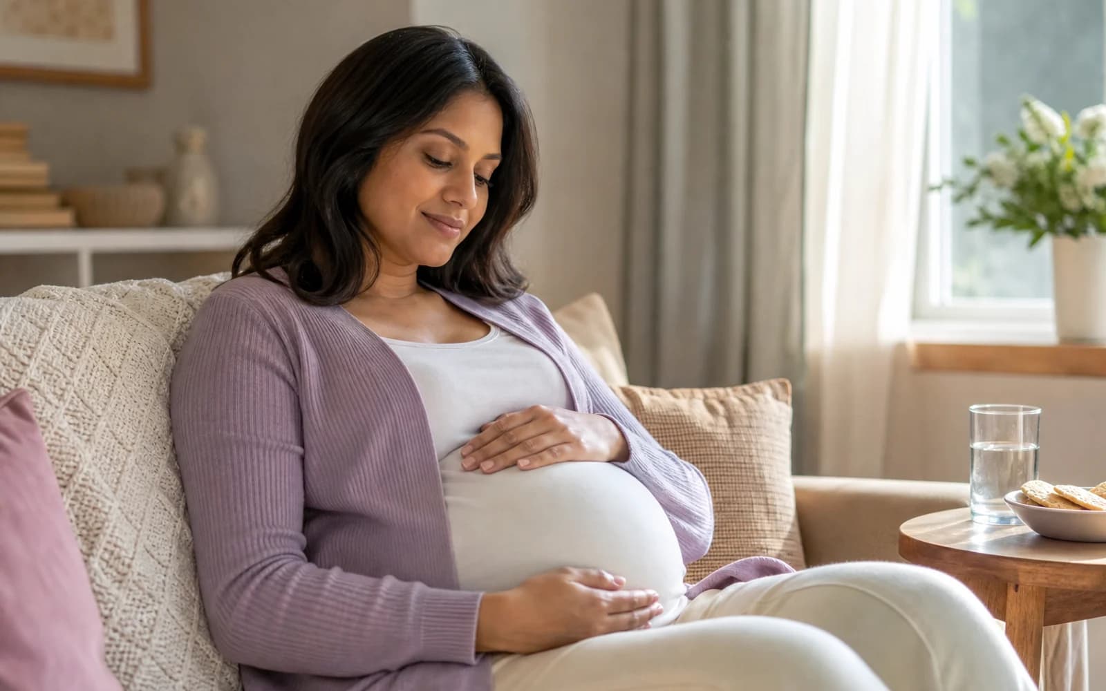 A pregnant woman sleeping propped on pillows in a dim bedroom