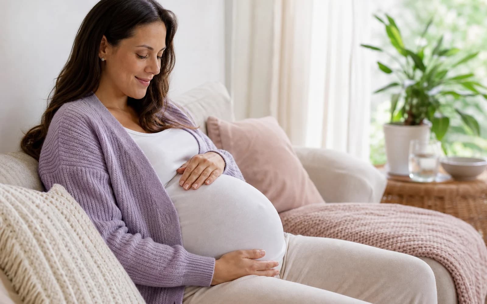 A pregnant woman resting both hands on her belly outdoors