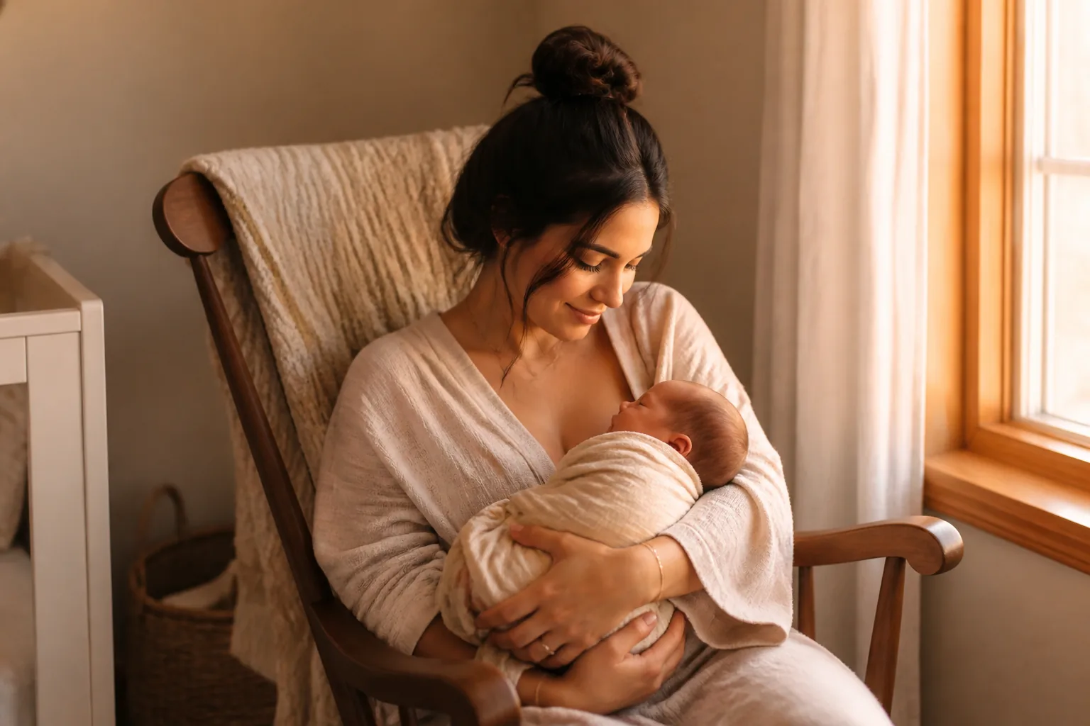 A mother gently embracing her newborn