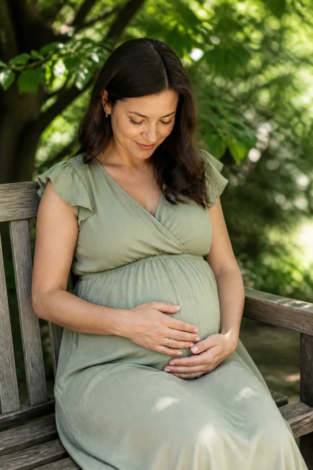 A pregnant woman resting both hands on her belly outdoors