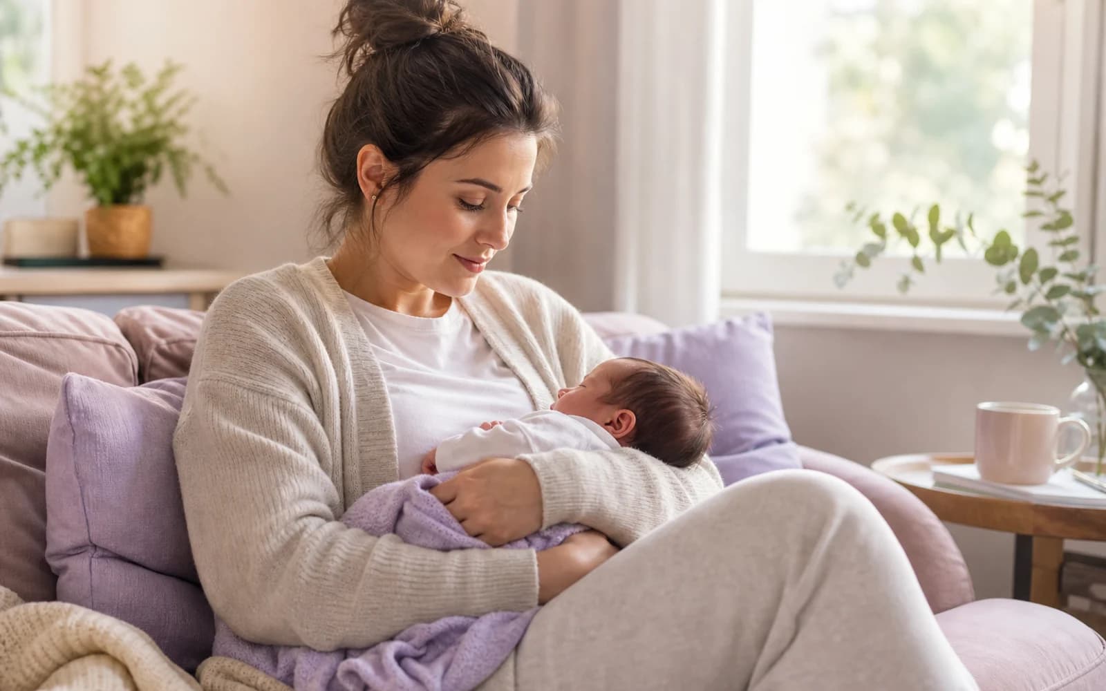 A mother holding her newborn close