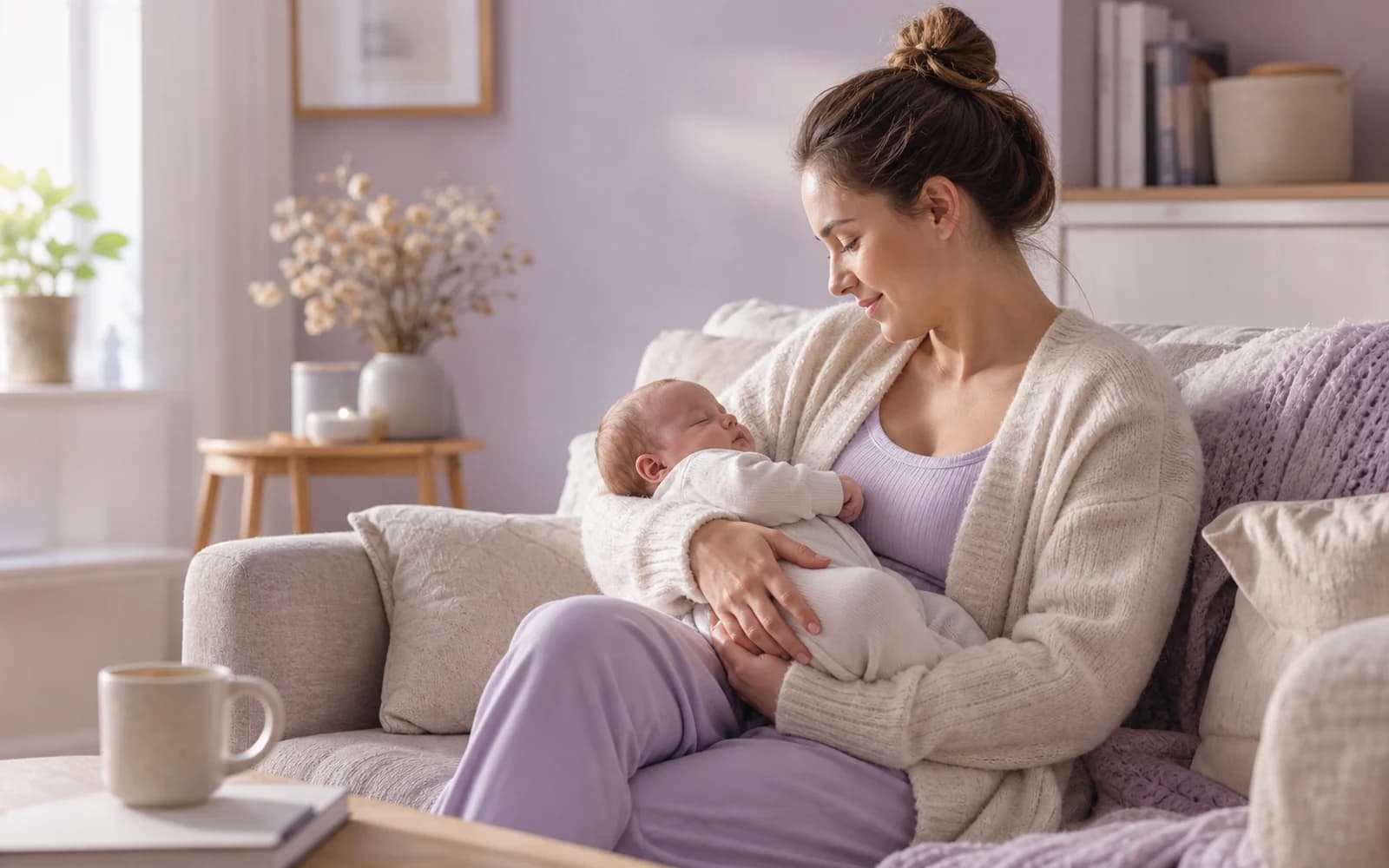A newborn sleeping peacefully in a parent's arms during daylight