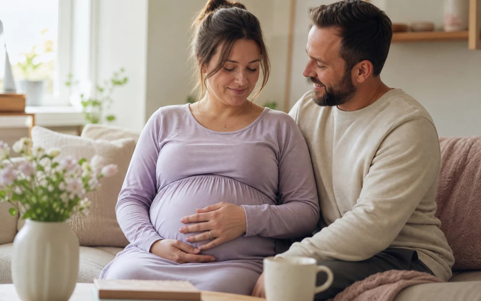 A pregnant woman resting both hands on her belly