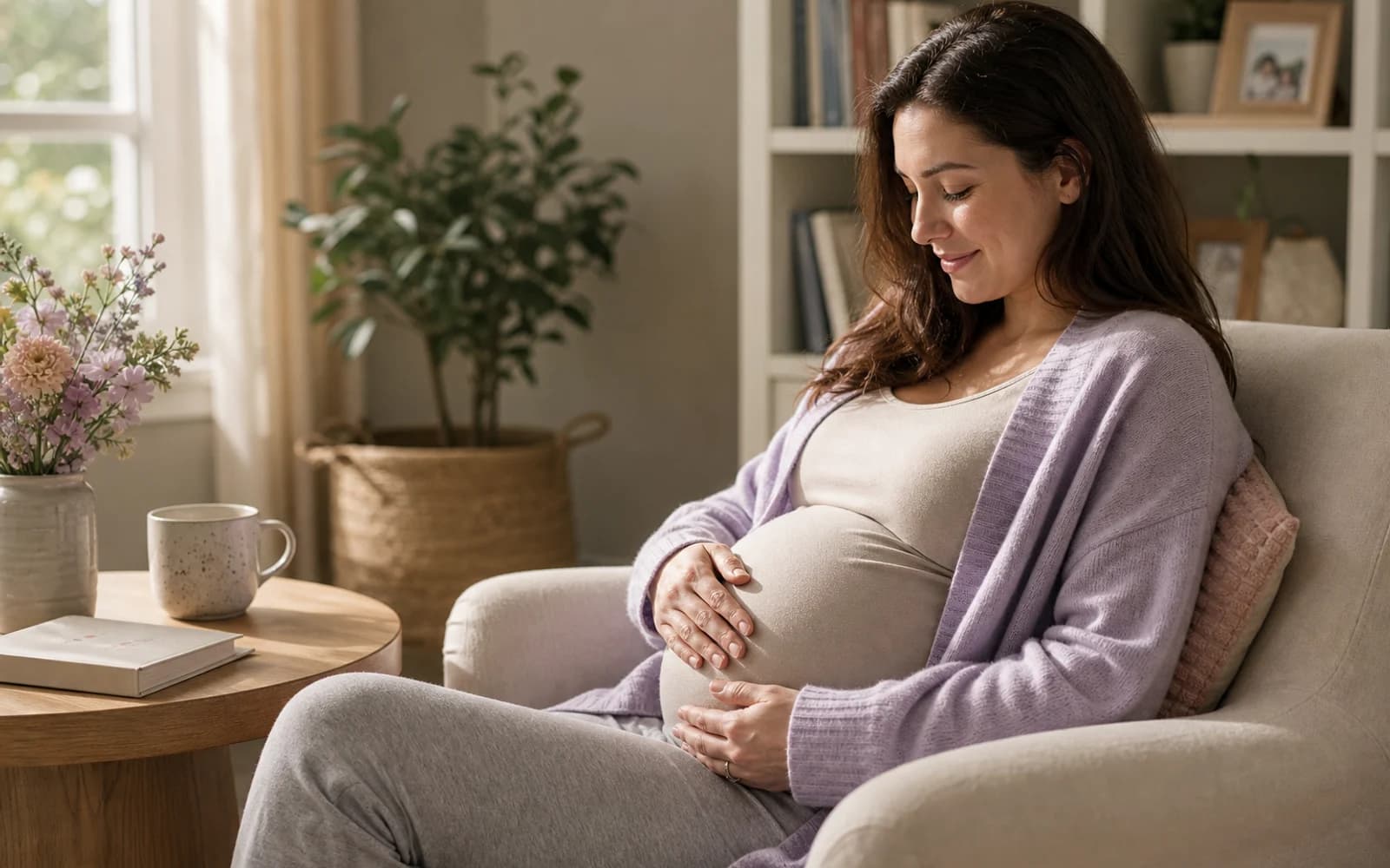 A decaffeinated tea cup beside a pregnancy journal on a wooden table
