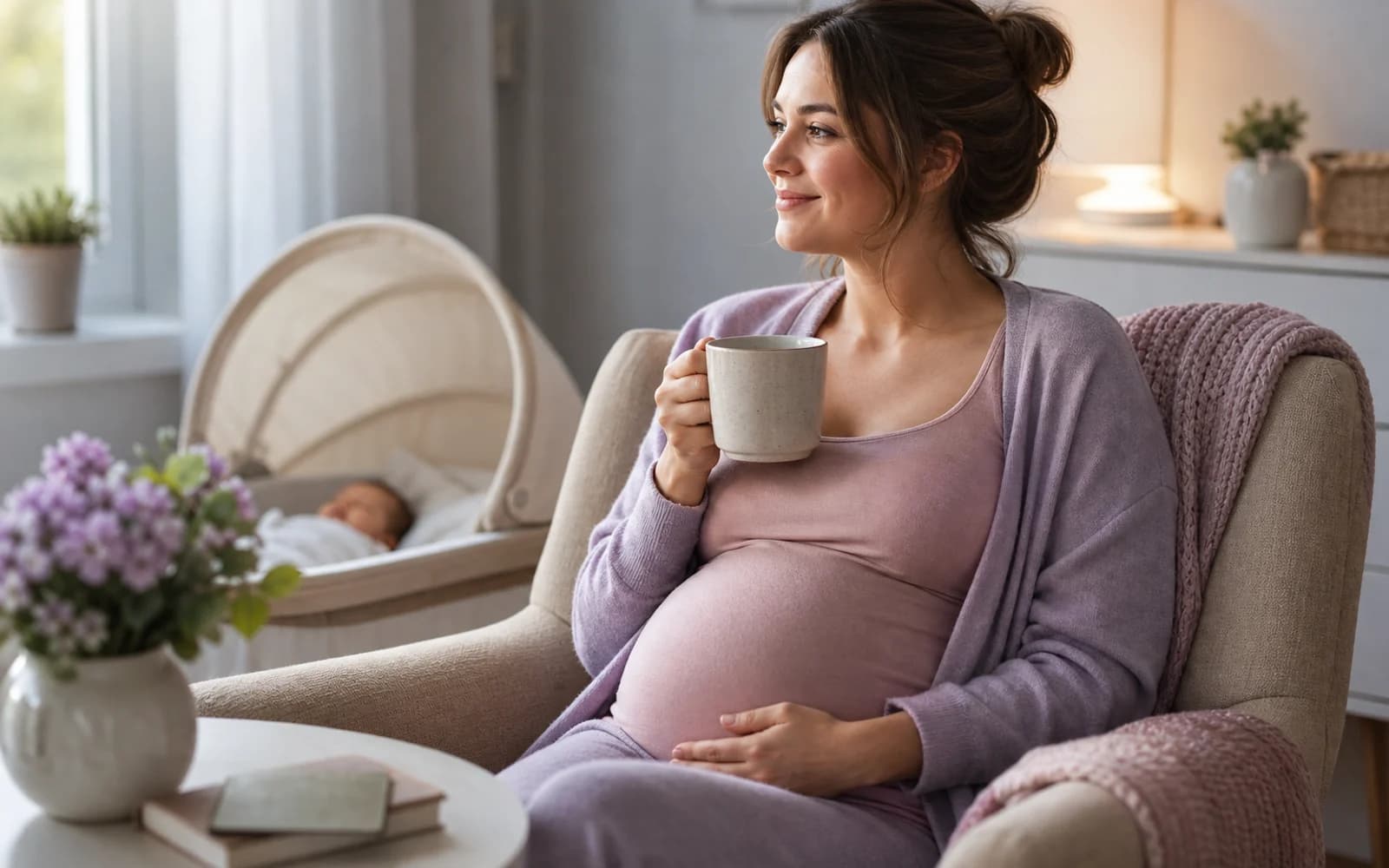 A decaffeinated tea cup beside a pregnancy journal on a wooden table