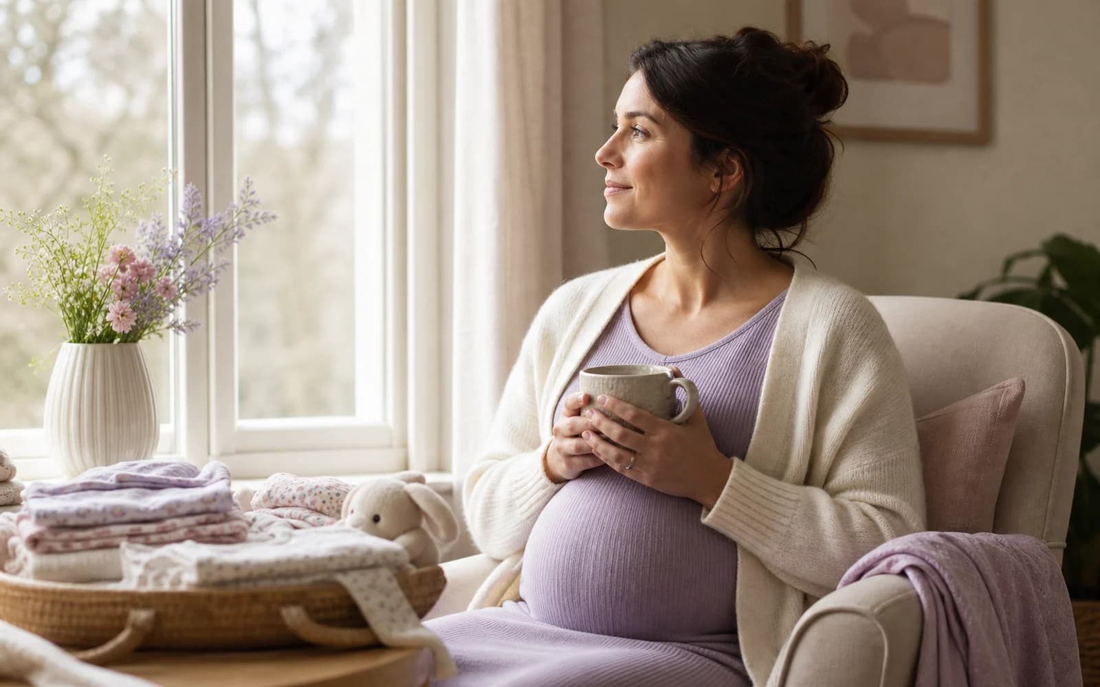 Soft night light and a calm side-sleeping nest for late pregnancy