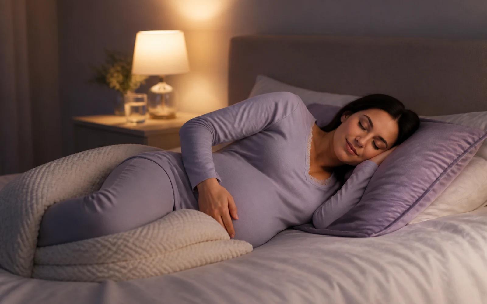 Soft night light and a calm side-sleeping nest for late pregnancy