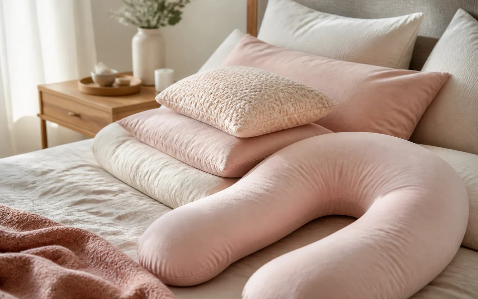 A quiet bedroom setup with pillows ready for side-lying rest in pregnancy