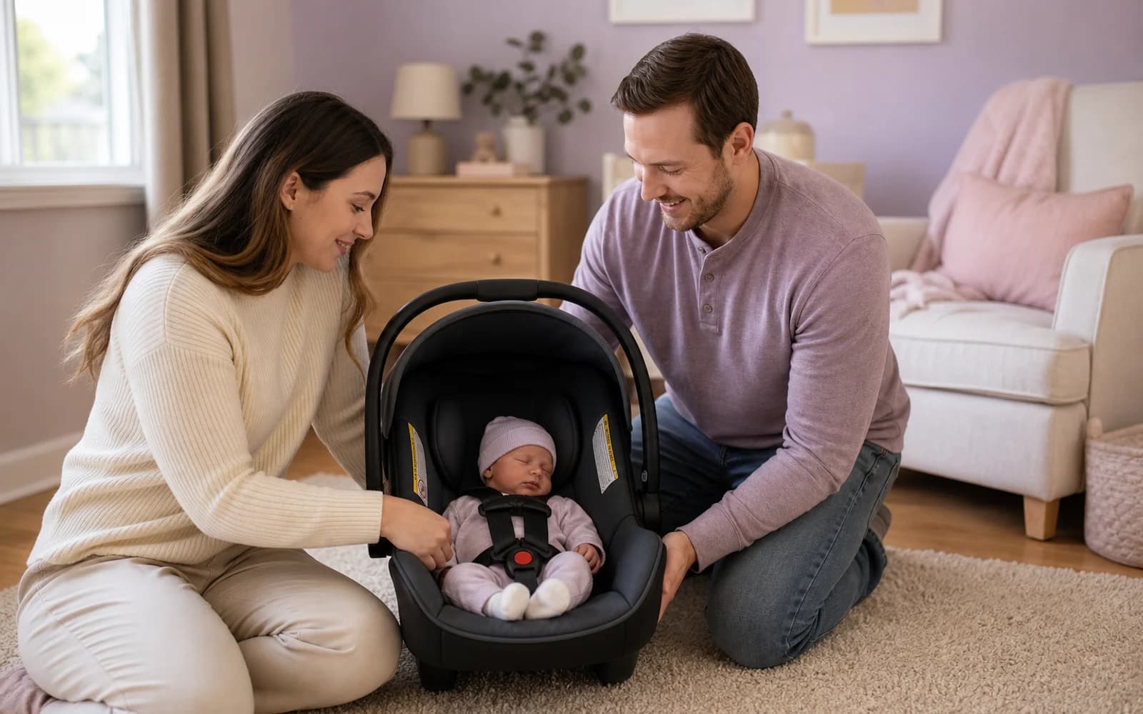 A parent checking the harness fit on a newborn in a car seat