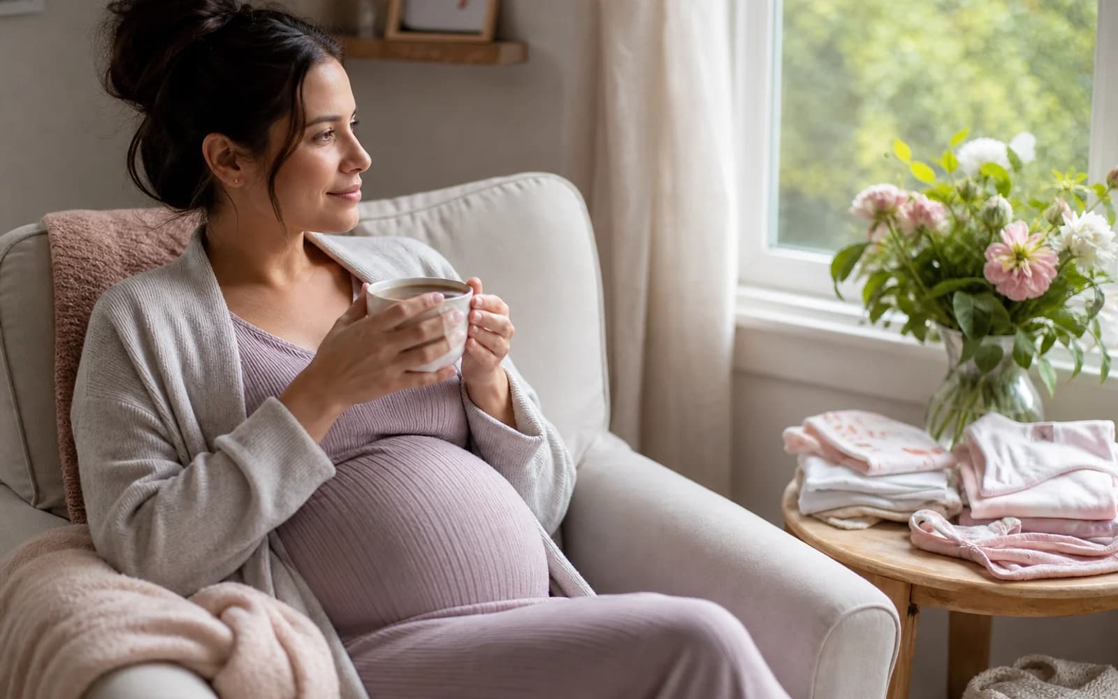 A pregnant woman gently massaging her wrist while resting