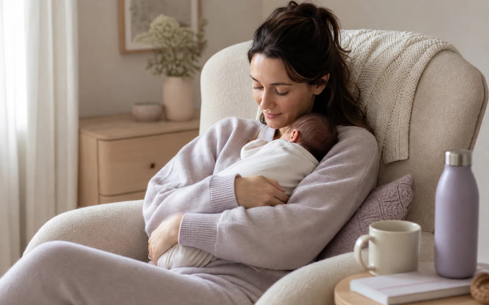 Quiet newborn cuddle in soft morning light