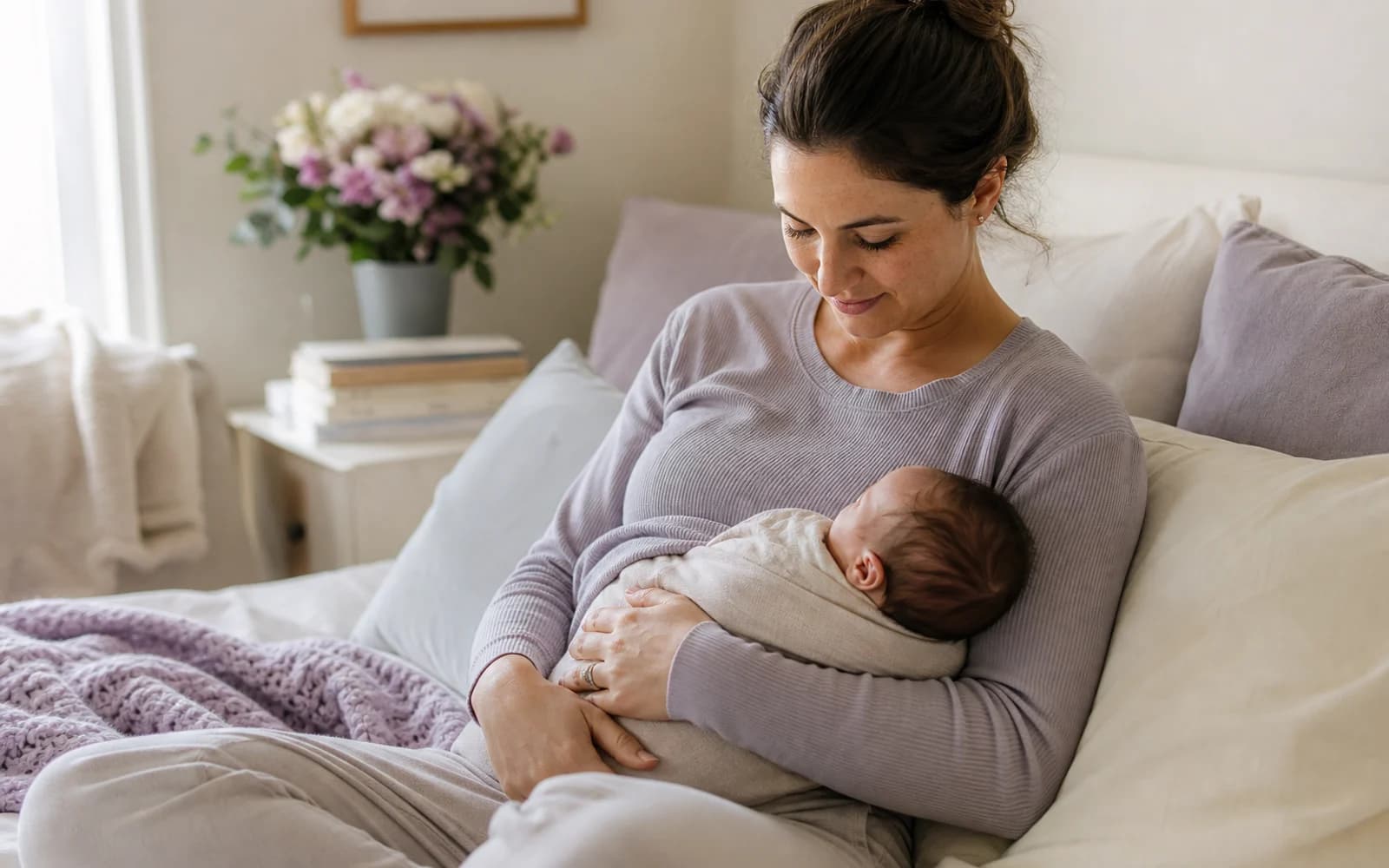 A postpartum woman lying on her back with knees bent, preparing a gentle self-check