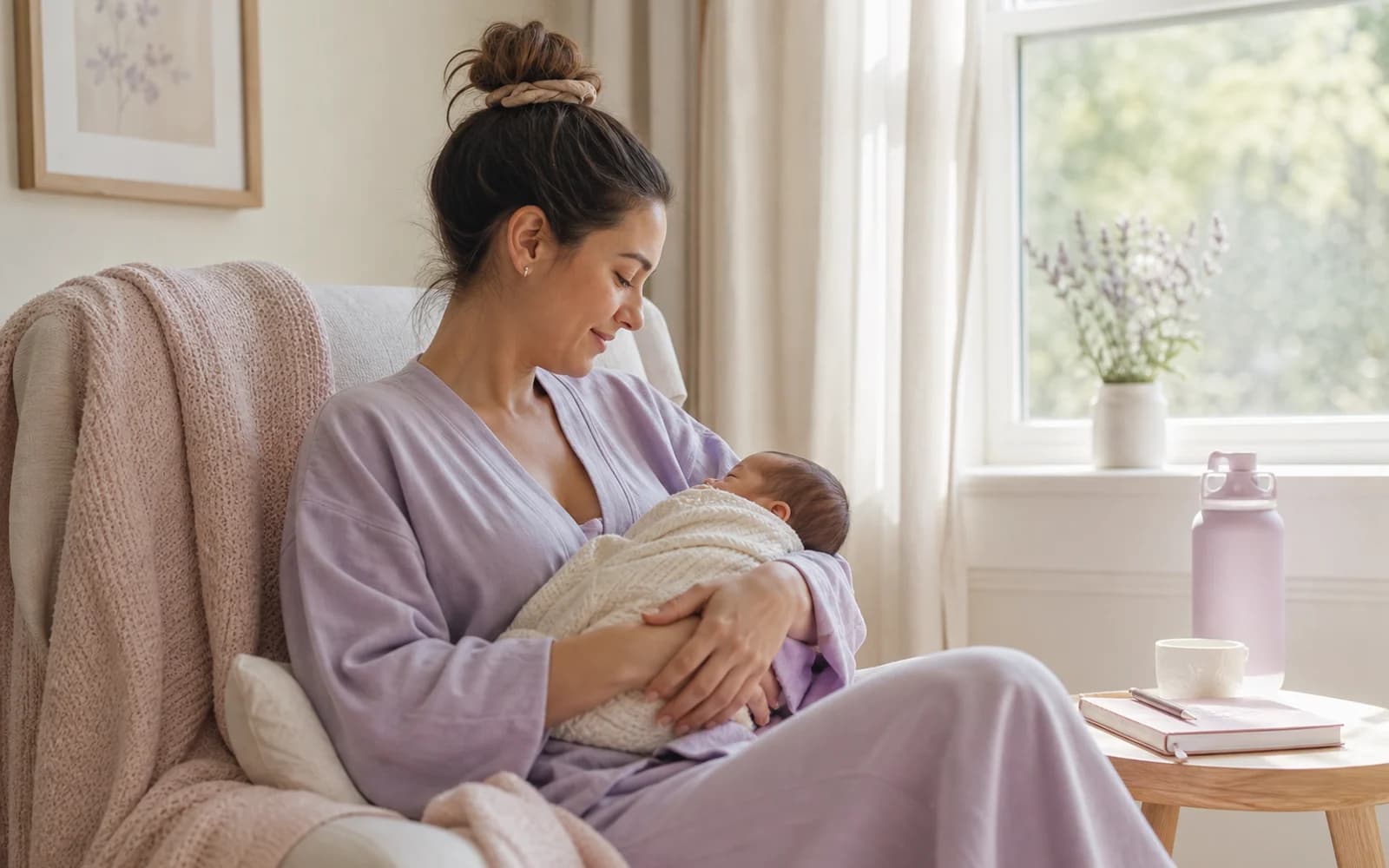 A breastfeeding mother supporting her breast gently while feeding