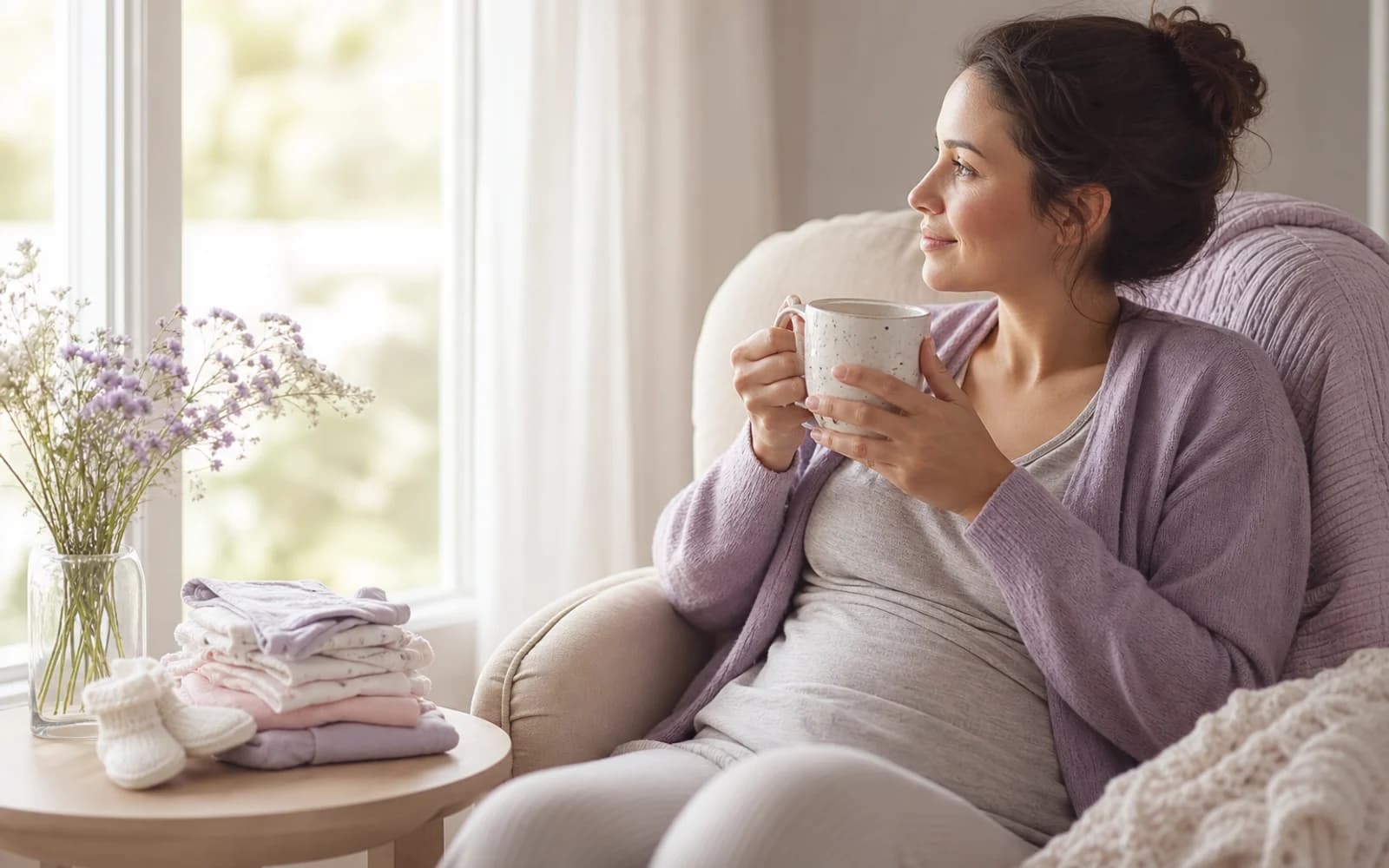 A calm postpartum rest corner with water and snacks within reach