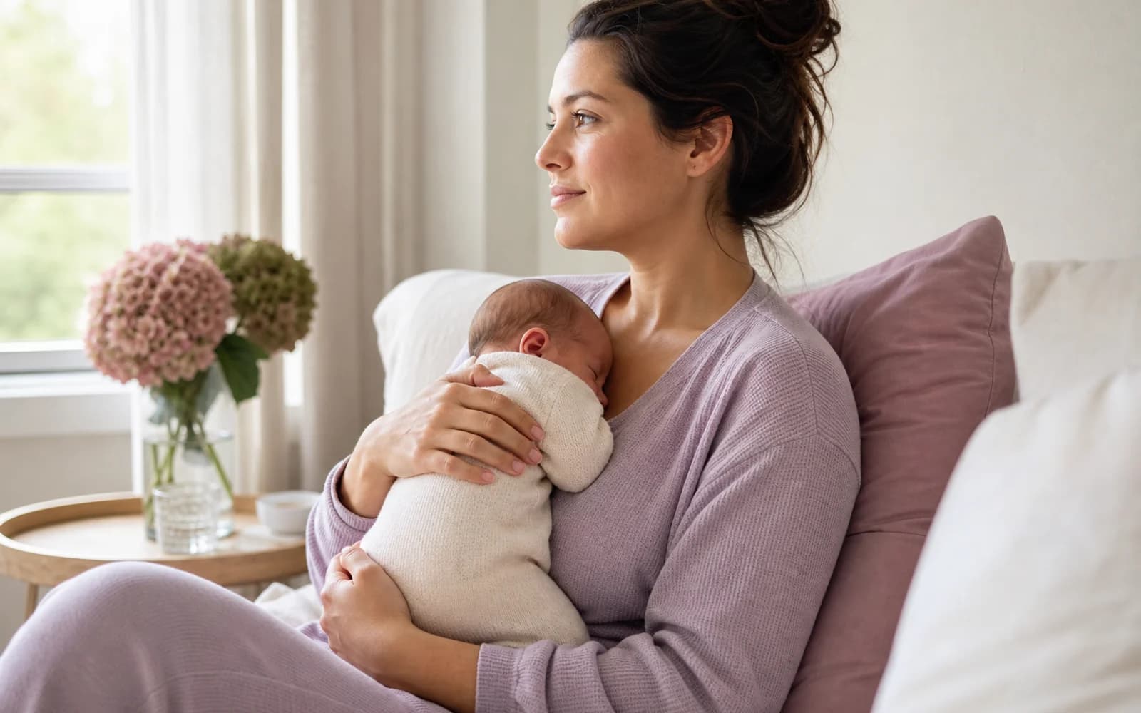 A new mother pausing by a window with a warm drink