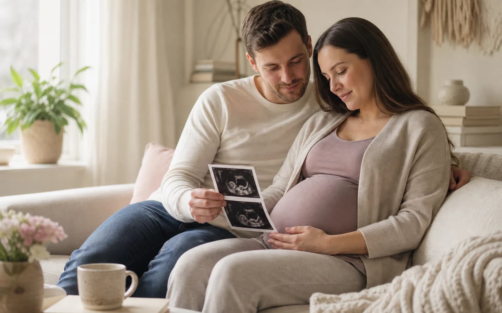 A pregnant woman looking at an ultrasound image with her partner in a clinic