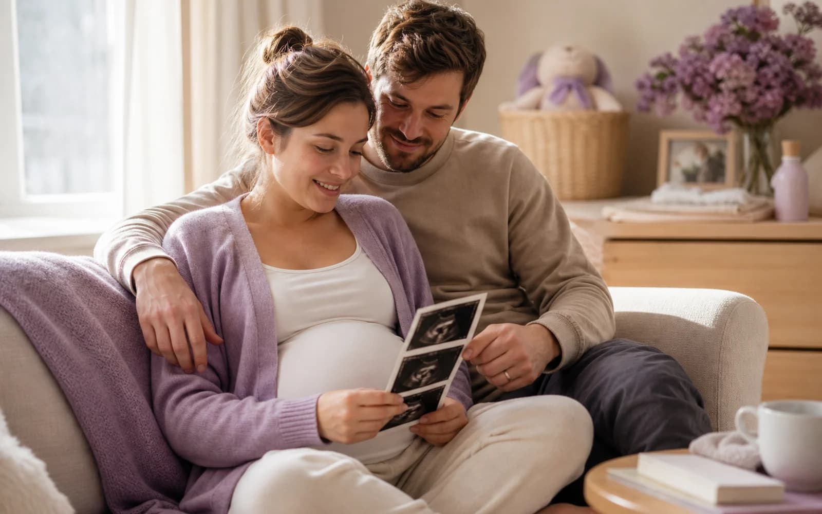 A pregnant woman looking at an ultrasound image with her partner in a clinic