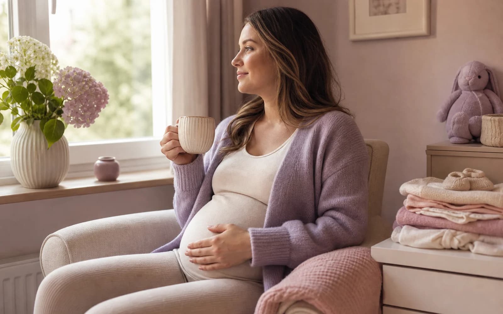 A pregnant woman resting both hands on her belly outdoors