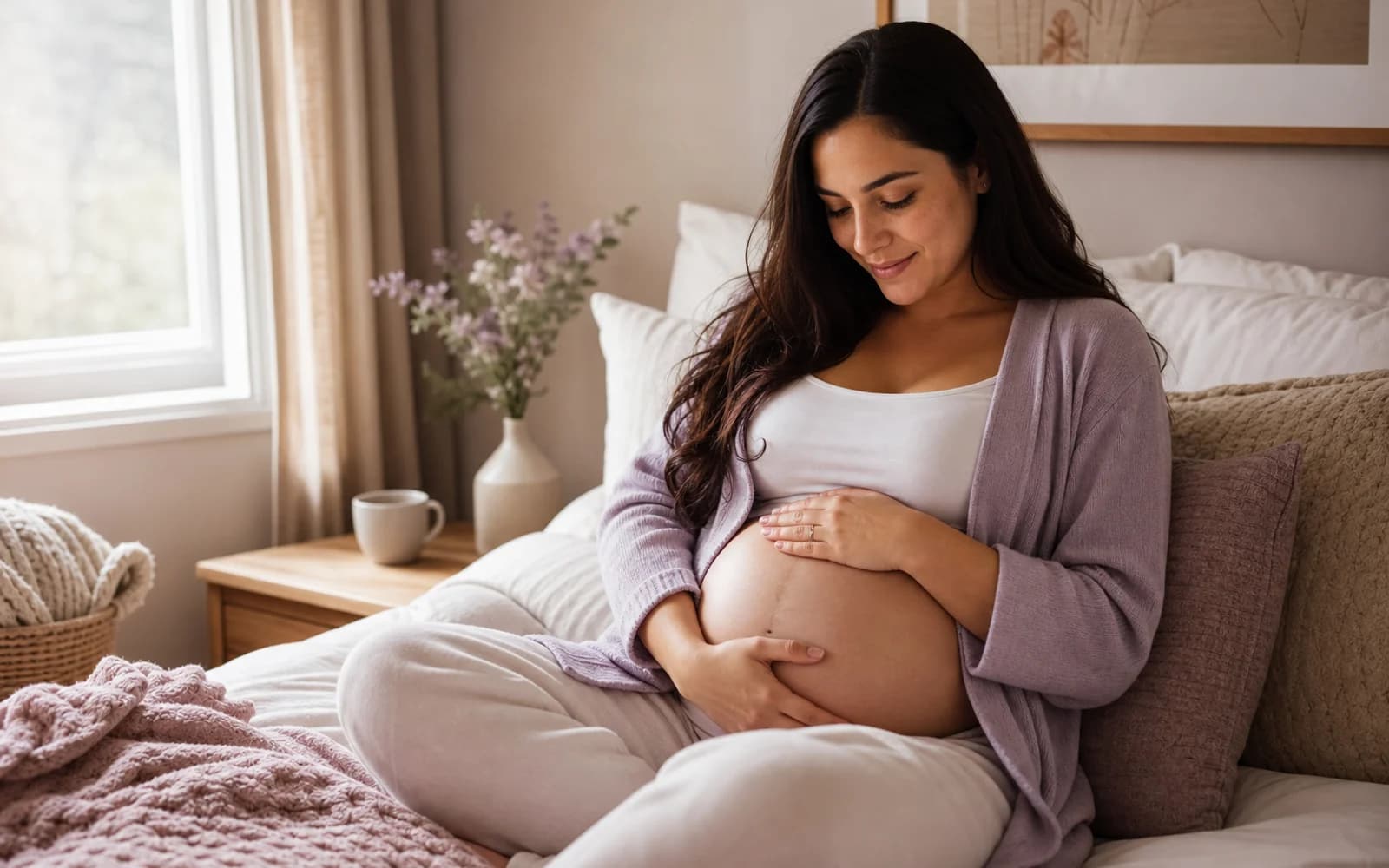 A pregnant woman in soft light with hands resting on her bare belly