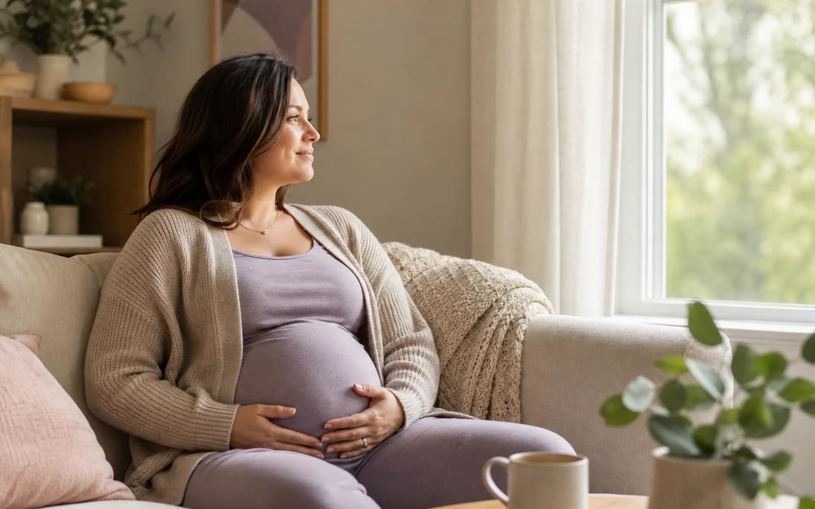A pregnant woman resting on a sofa near a packed hospital bag