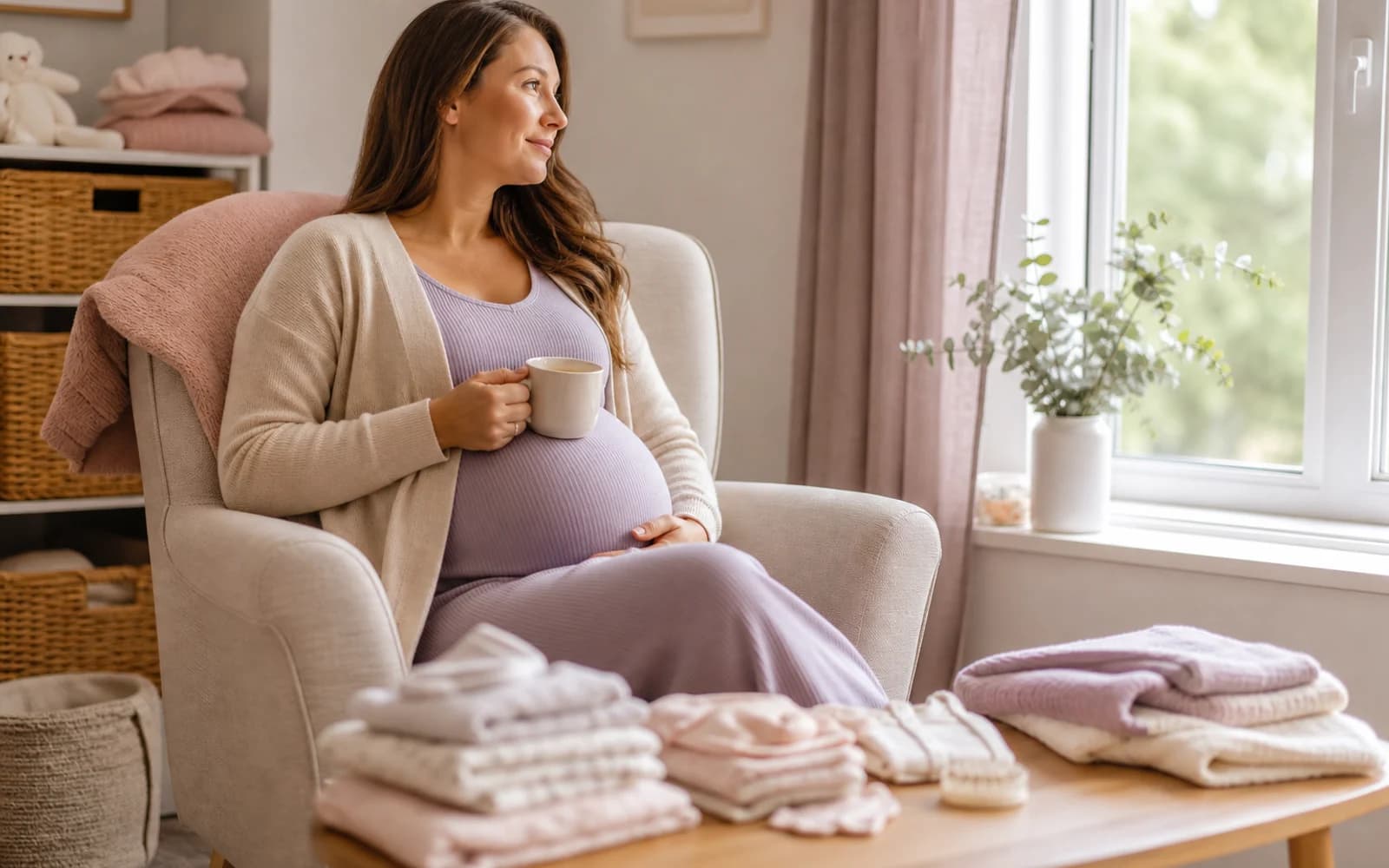 A pregnant woman preparing a nursery space in calm afternoon light