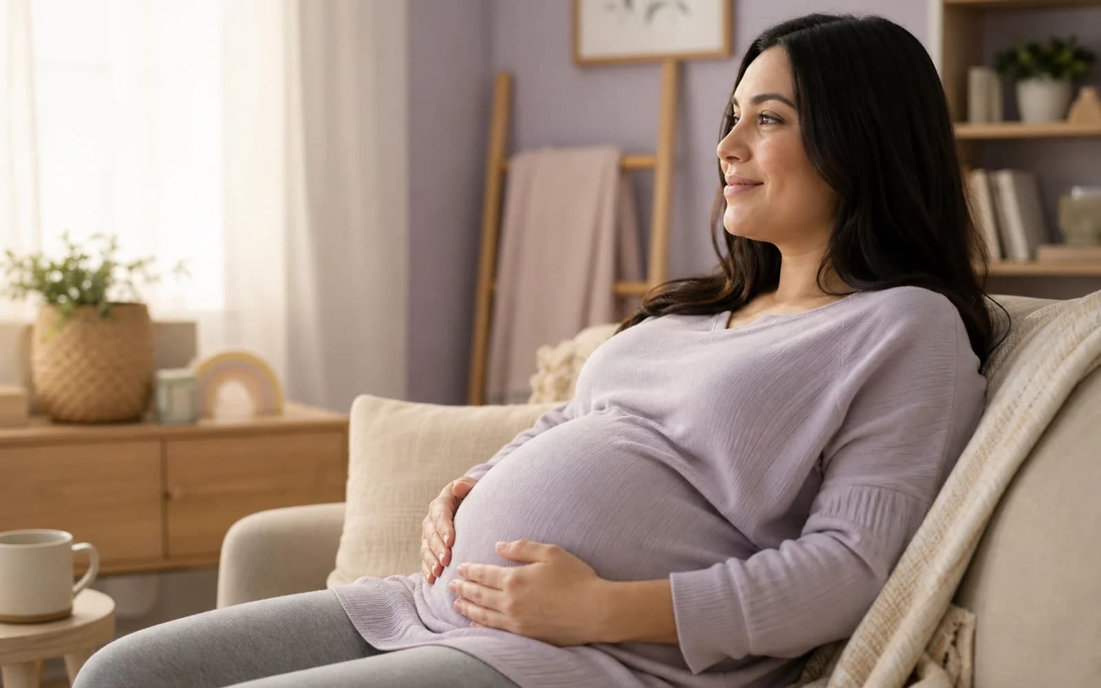 A pregnant woman resting outdoors with hands on her belly
