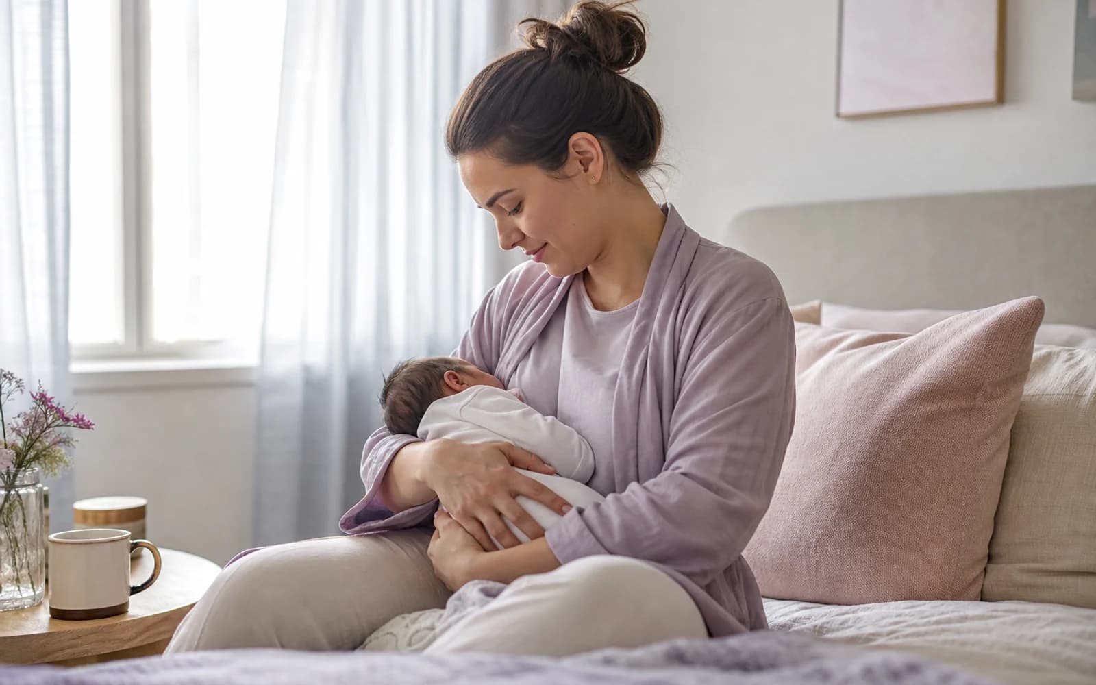 A postpartum recovery kit with peri bottle and comfort items on a bedside table