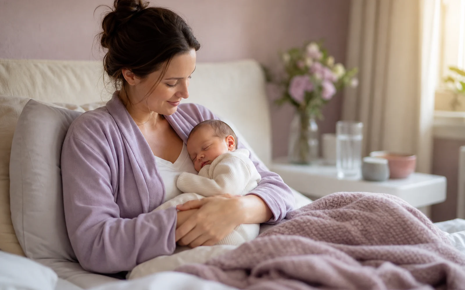 A new mother cradling her newborn in soft light