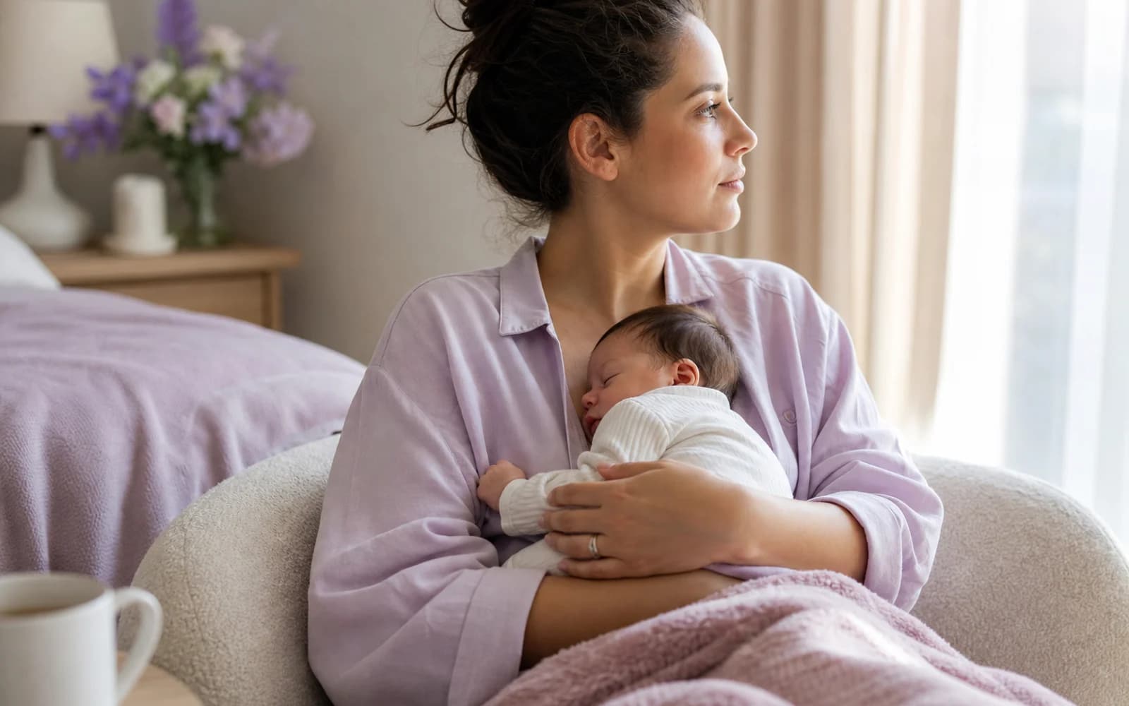 A new mother brushing her hair in a bathroom mirror with gentle morning light