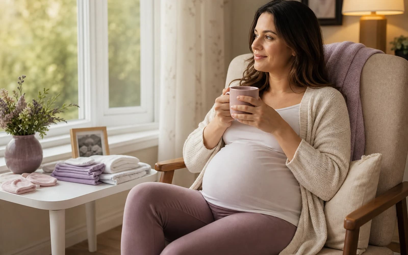 A quiet home corner set up for short posture breaks in pregnancy