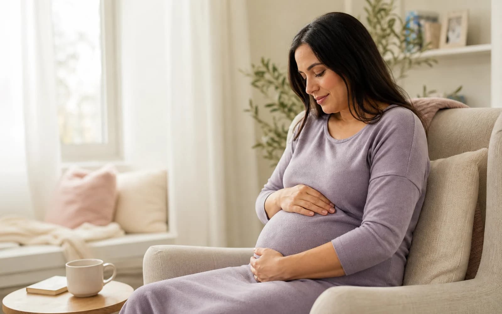 A pregnant woman standing calmly near a nursery doorway