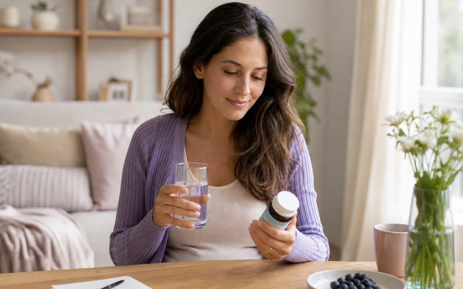 Prenatal vitamins beside a notebook with cycle tracking notes on a kitchen table