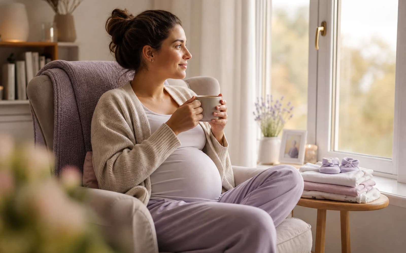 A pregnant woman unable to settle at night beside a soft lamp