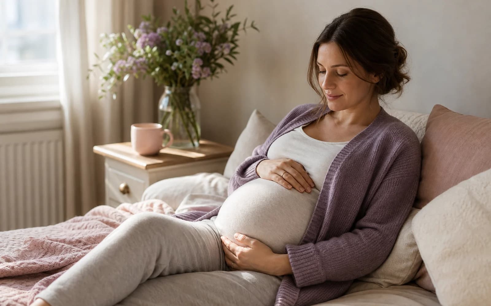 Late-pregnancy night rest with soft lamp light