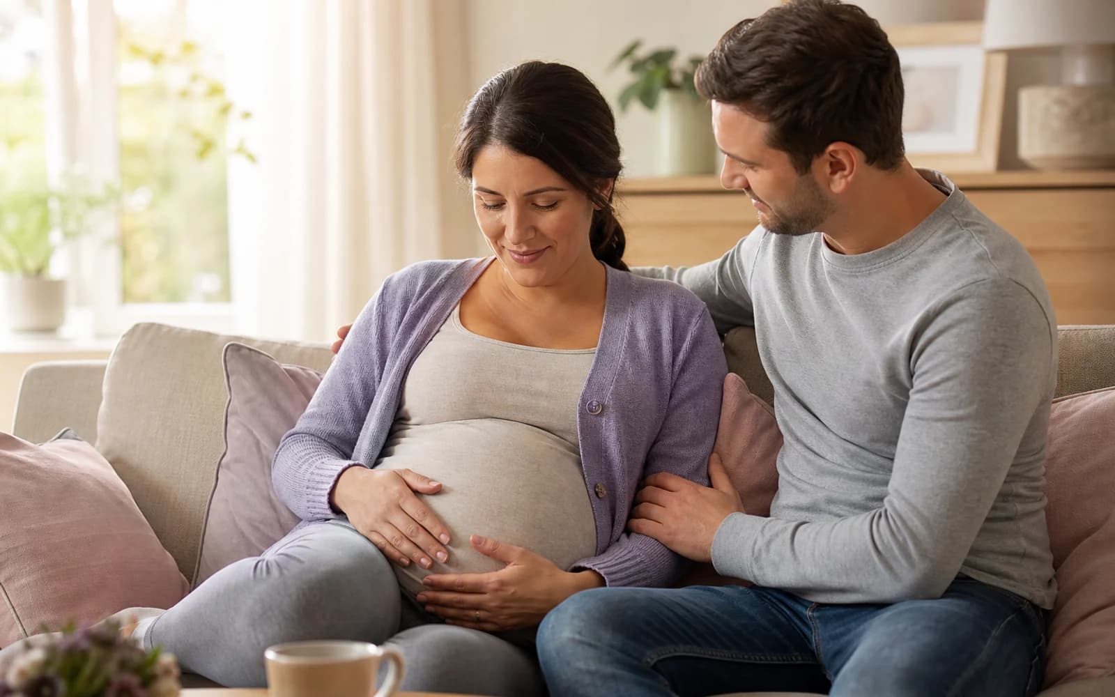 A pregnant woman doing a gentle seated stretch
