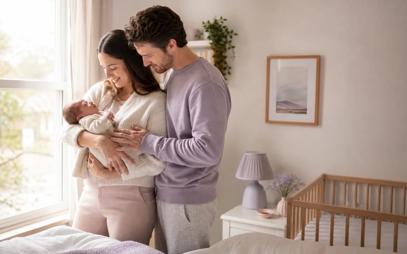 A parent close to a newborn in a calm room