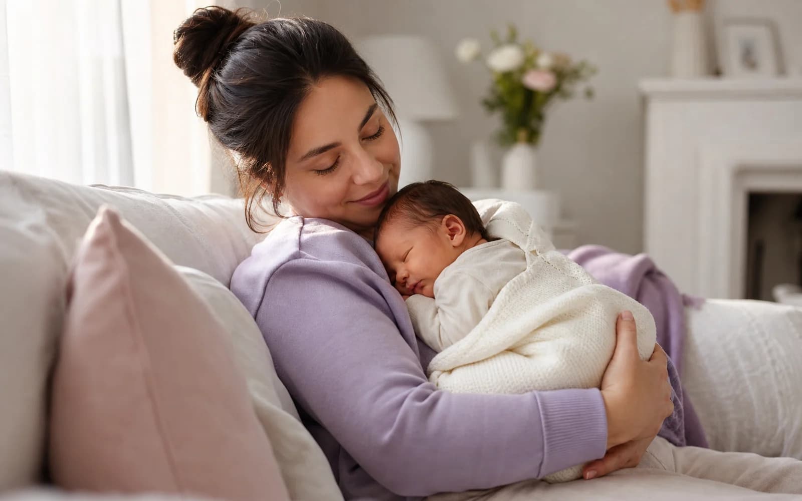 A new mother cradling her newborn in soft light