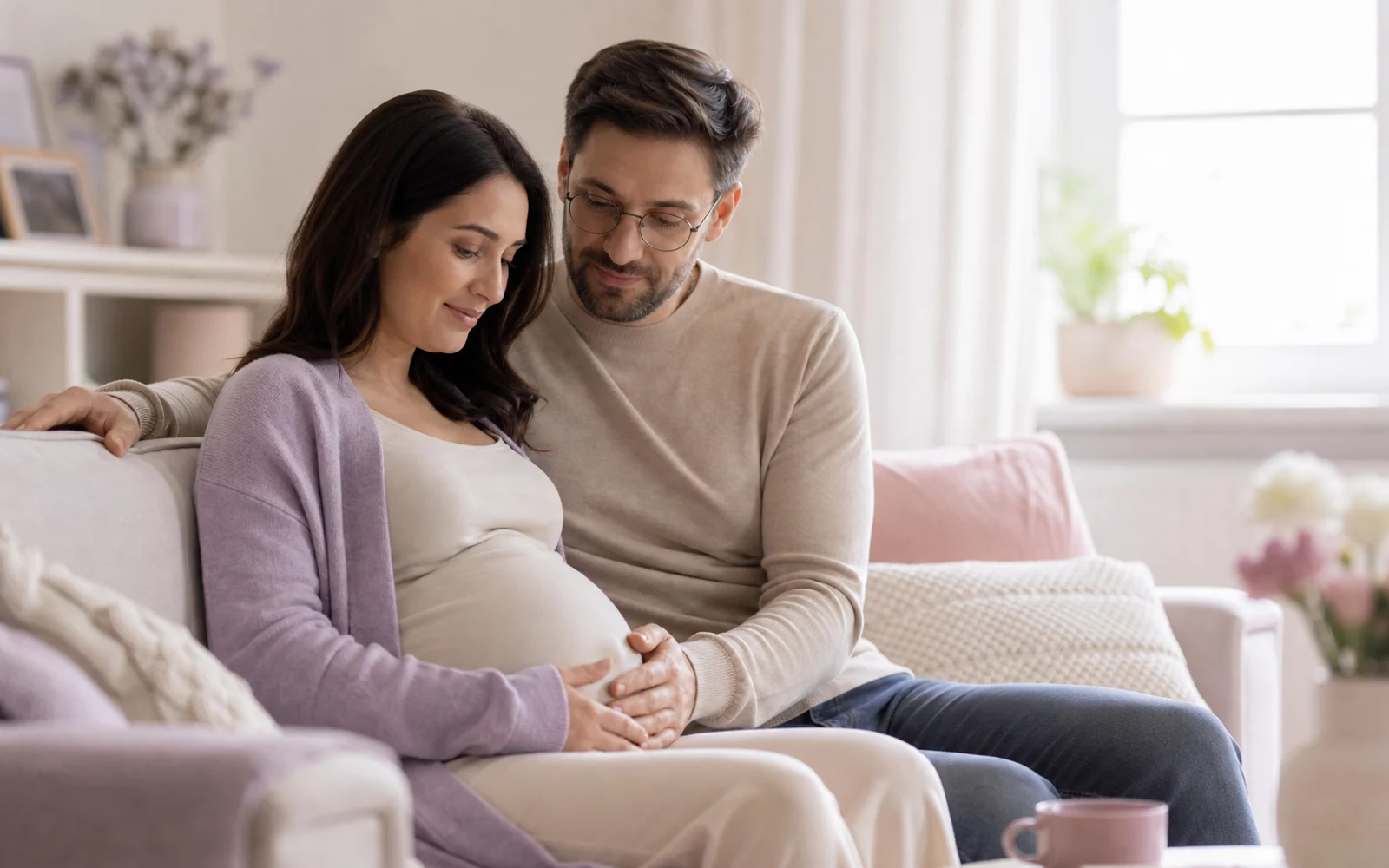 A pregnant woman resting both hands on her belly outdoors