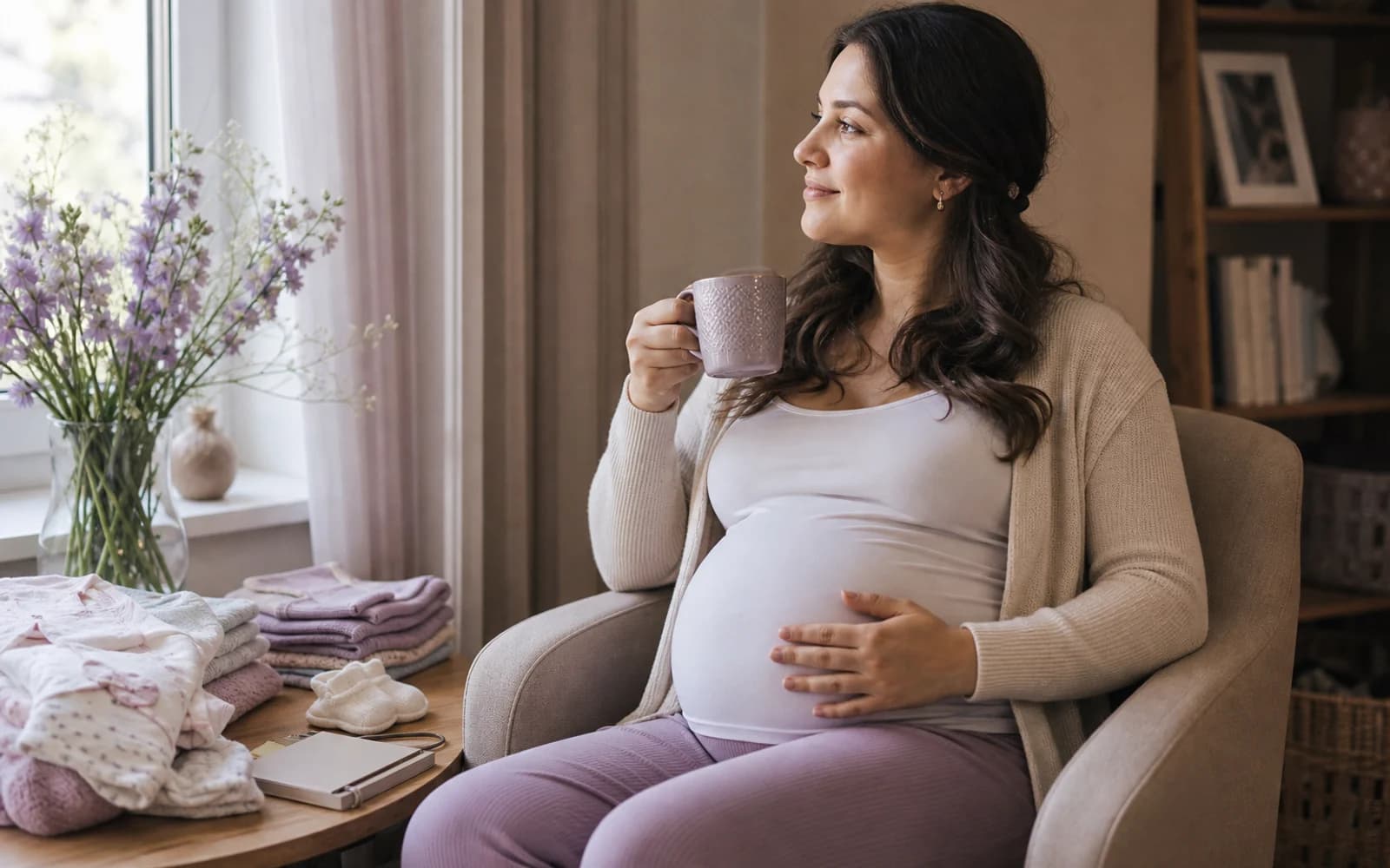 A pregnant woman standing calmly in soft side light