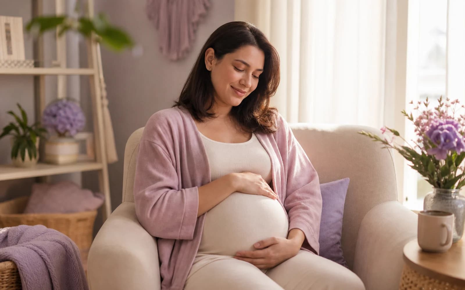 A pregnant woman resting both hands on her belly outdoors