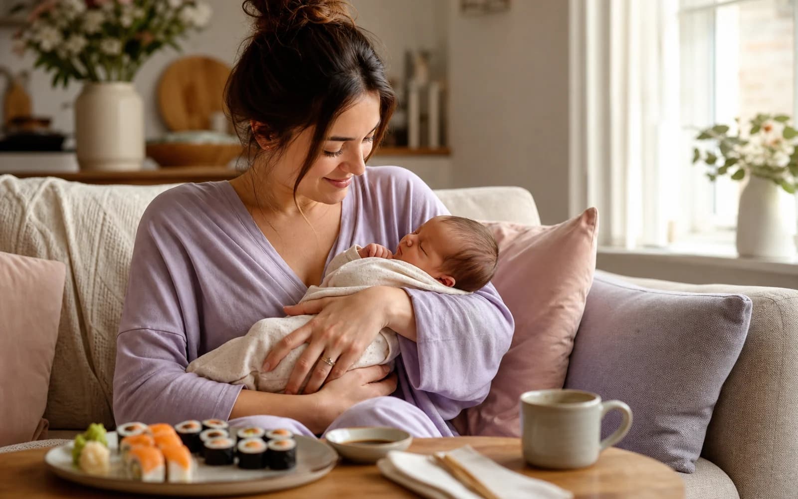 A pregnancy-safe meal with cooked salmon, rice, and vegetables on a plate