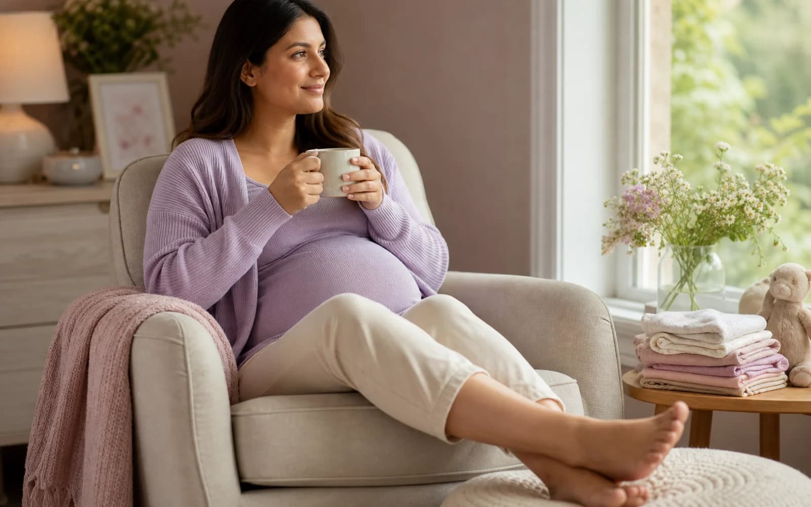 A pregnant woman elevating her feet on a cushion while resting on the sofa