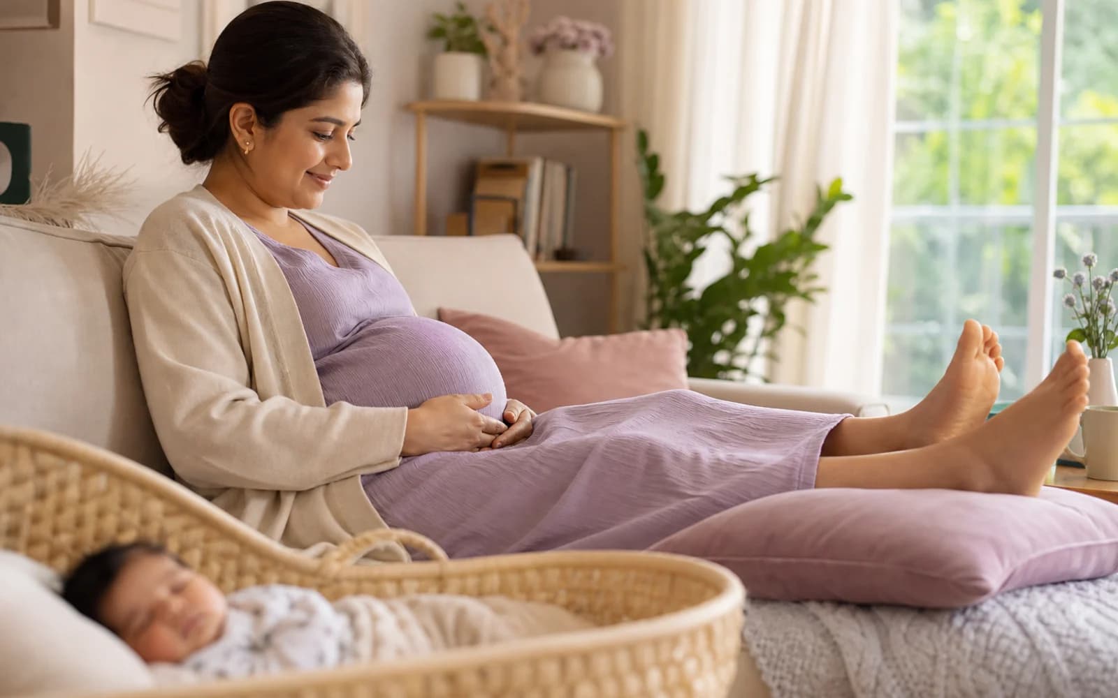 A pregnant woman resting with her feet elevated